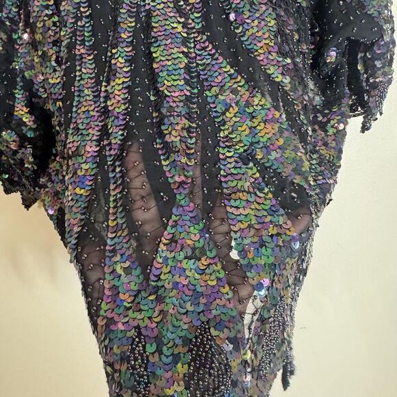 Vintage Iris Sequin Top Womens Medium Black Iridescent Beaded Party Blouse 80s - Picture 9 of 14